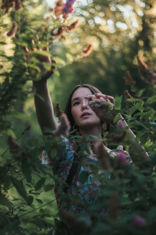 a woman standing in the middle of a lush green forest, inspired by Elsa Bleda, pexels contest winner, renaissance, picking up a flower, young woman looking up, avatar image, woman with braided brown hair