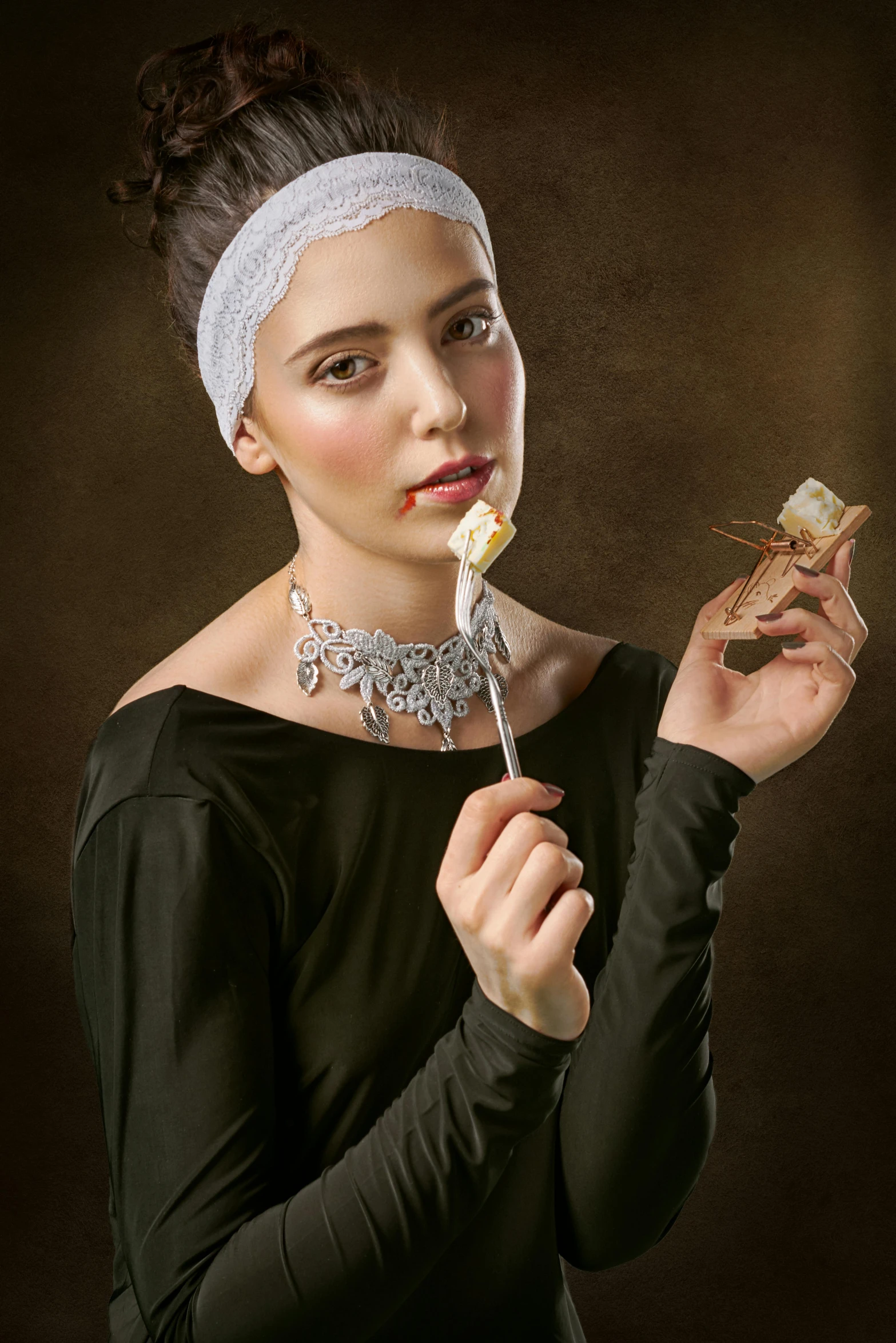 a woman holding a piece of cake in one hand and a fork in the other, inspired by Artemisia Gentileschi, renaissance, pearl choker, paul barson, bone jewellery, masterpiece! portrait of arwen