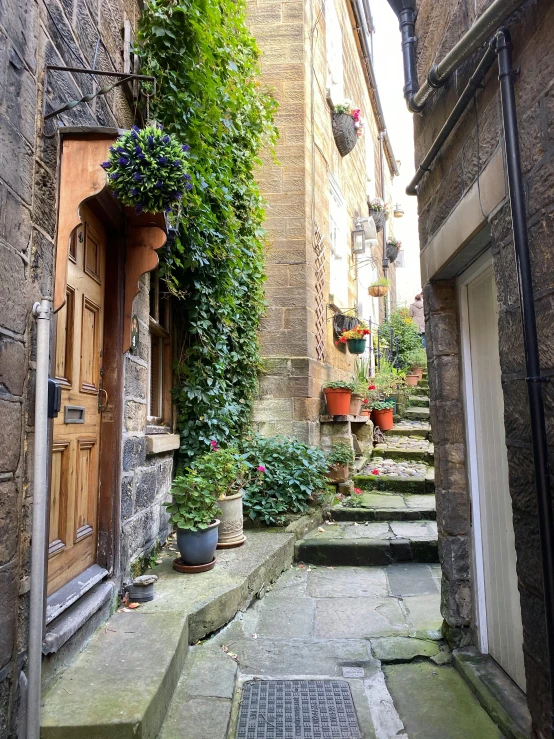 a narrow alley with stone steps leading to a wooden door, by Helen Stevenson, pexels contest winner, romanesque, pots with plants, edinburgh, view from the side, staggered terraces