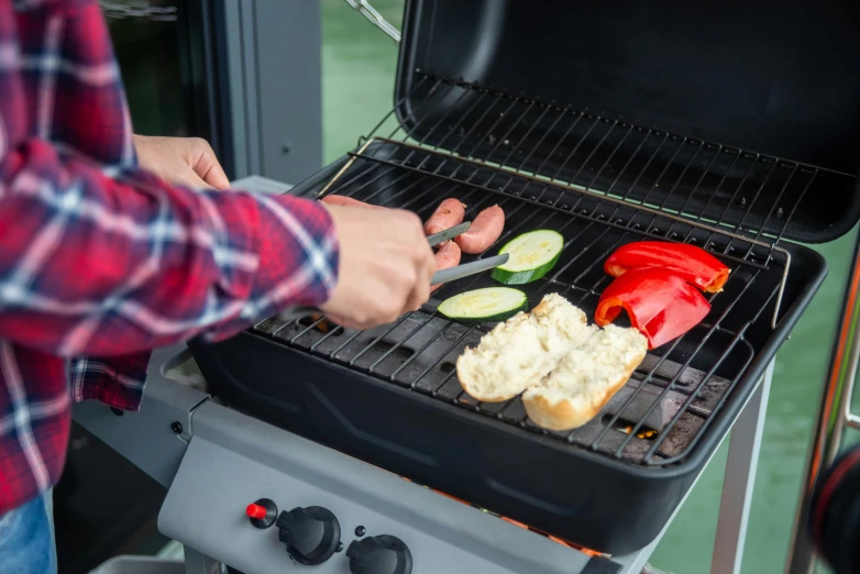 a close up of a person cooking food on a grill, square, holding a baguette, grey, full product shot