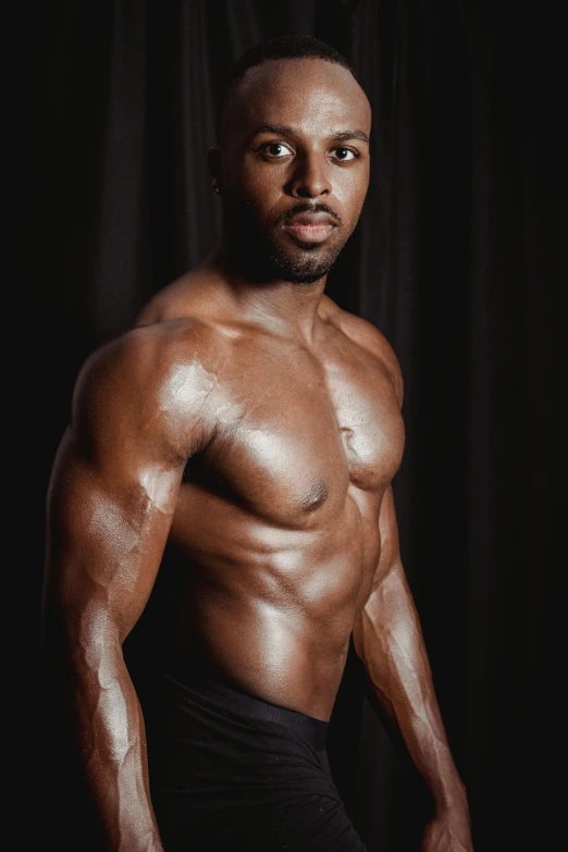 a shirtless man standing in front of a black background, jamal campbell, background image, white background, huge glistening muscles