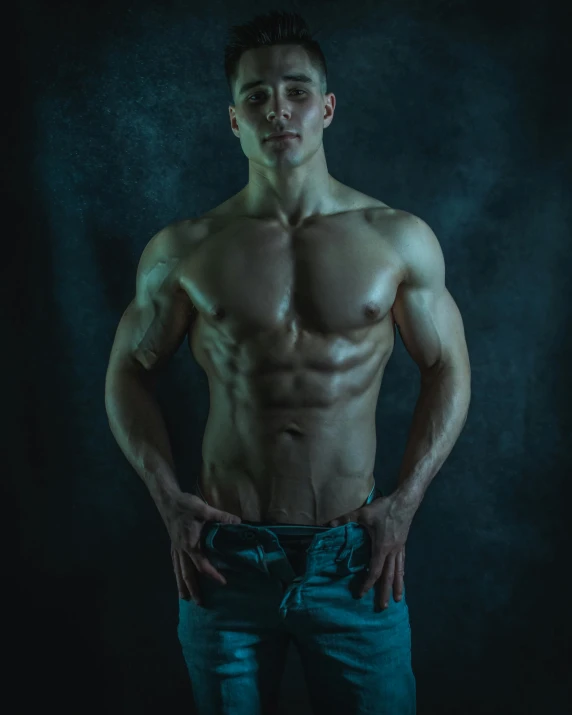 a shirtless man standing with his hands on his hips, a screenshot, by Cosmo Alexander, pexels contest winner, asher duran, vascularity, twink, low key