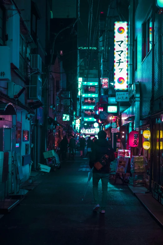 a person walking down a city street at night, cyberpunk art, unsplash contest winner, japanese neighborhood, teal neon lights, shady alleys, photograph of the city street