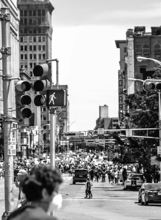 a black and white photo of a busy city street, by Adam Marczyński, rhode island, hot summer day, square, famous