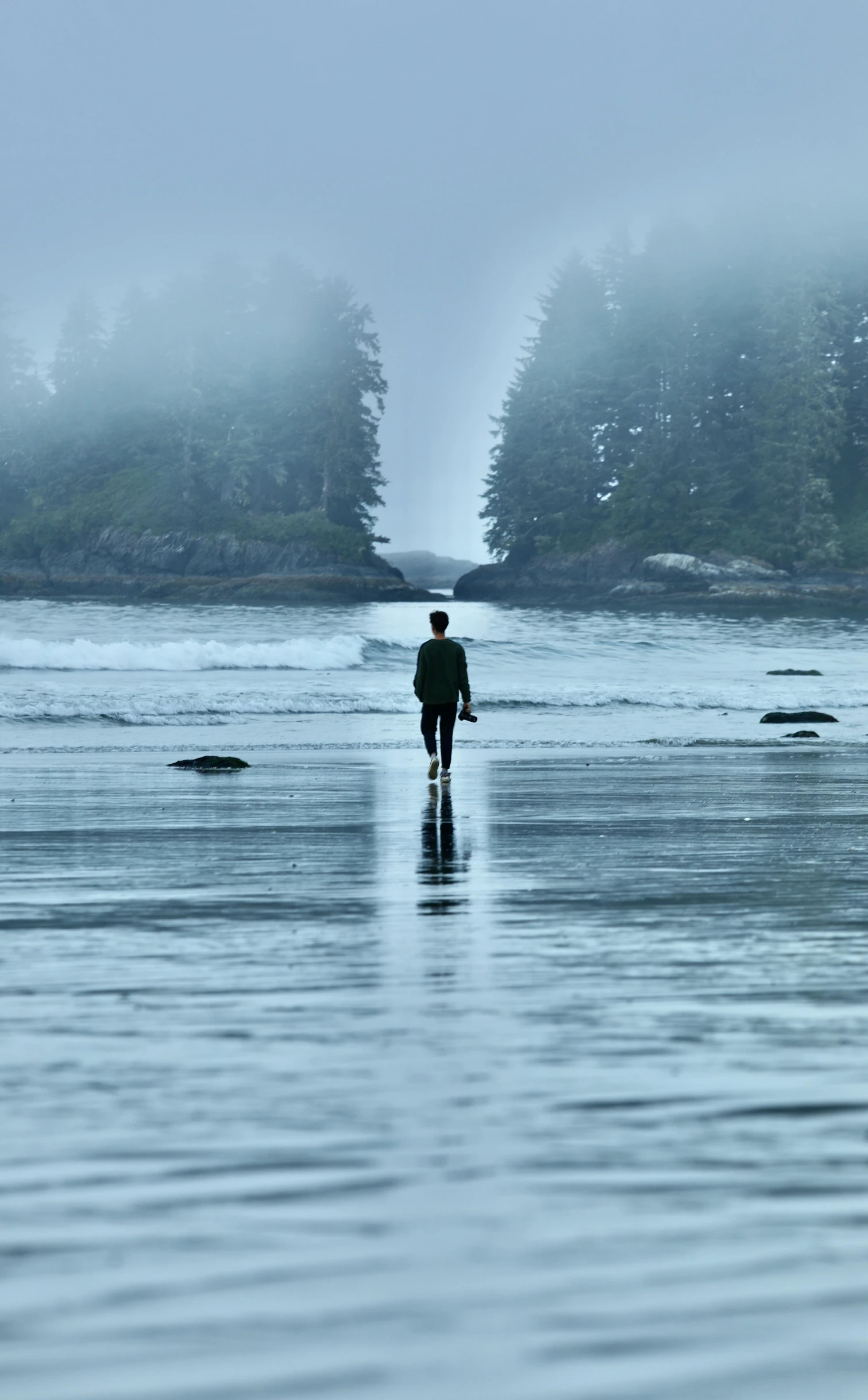 a person walking across a beach on a foggy day, inspired by Peter Doig, pexels contest winner, british columbia, haida, walking boy, walking in forest