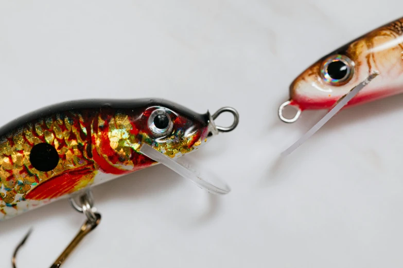 a close up of two fishing lures on a white surface, by Julia Pishtar, koi, pulling the move'derp banshee ', flashing lights, newts