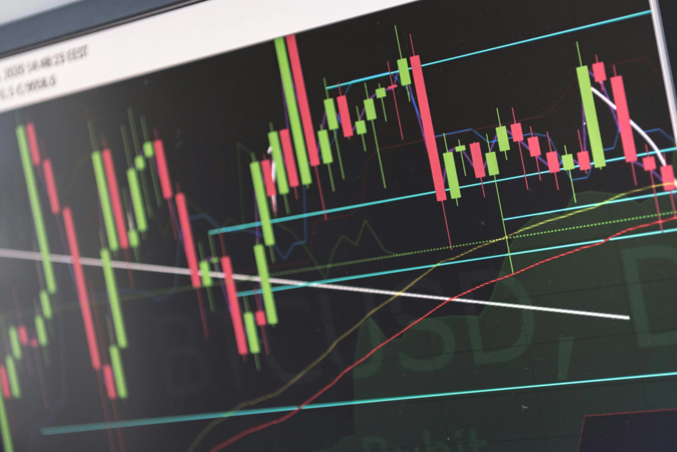 a computer monitor sitting on top of a desk, a digital rendering, by Caroline Mytinger, pexels, analytical art, displaying stock charts, closeup - view, square, digital lines