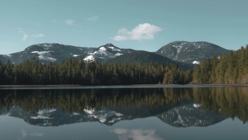 a large body of water surrounded by trees, pexels contest winner, minimalism, whistler, low quality footage, twin peaks style, mirrored