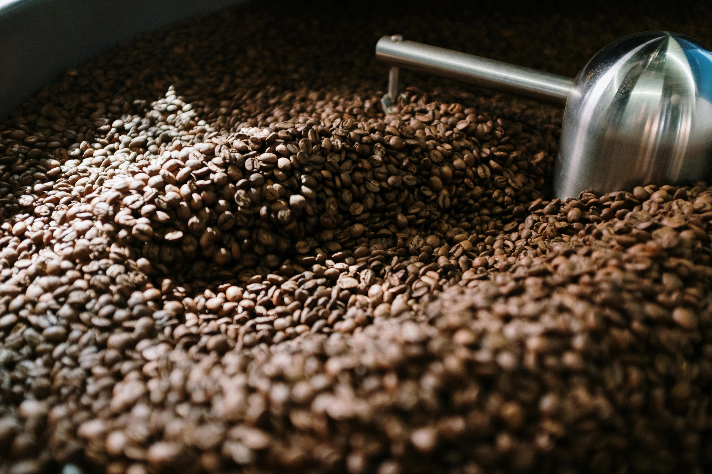 a metal scoop sitting on top of a pile of coffee beans, trending on pexels, process art, instagram story, coffee machine, brown, contain