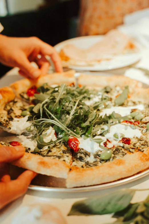 a close up of a pizza on a pan on a table, by Carlo Martini, light greens and whites, sleek hands, white, ivy's