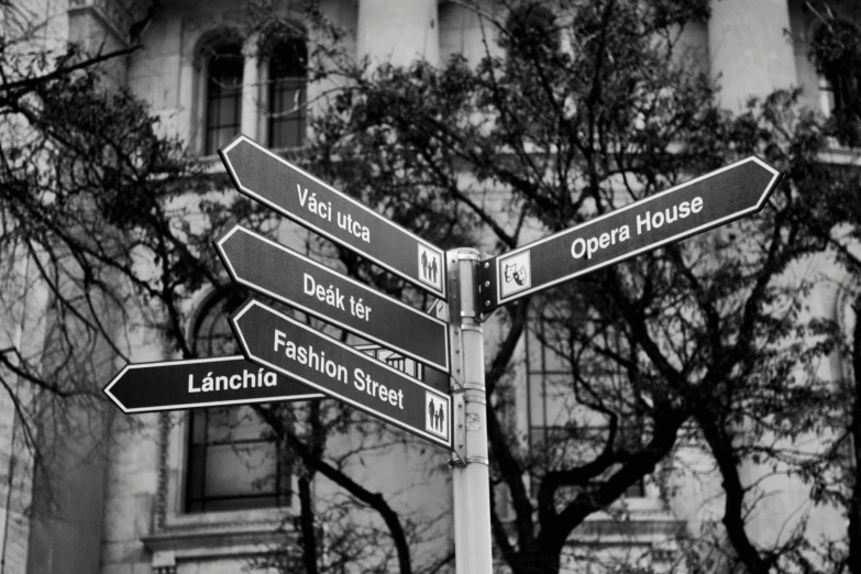 a black and white photo of a street sign, by Anna Haifisch, flickr, baroque, fashion, tx, lots of signs, and