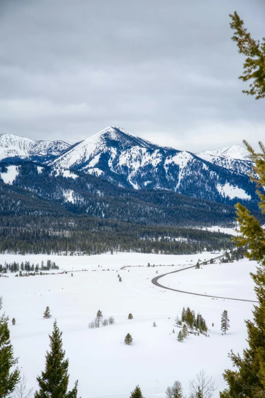 a snow covered field with trees and mountains in the background, tubing, big sky, 5k, extremely intricate