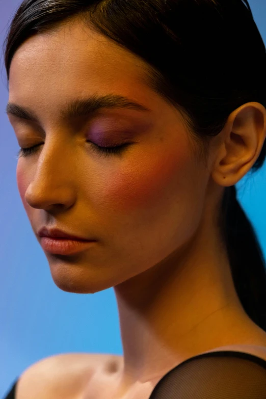 a close up of a woman with her eyes closed, by Adam Marczyński, gradient from warm to cold tone, wearing eye shadow, pink and blue gradients, light red and deep orange mood