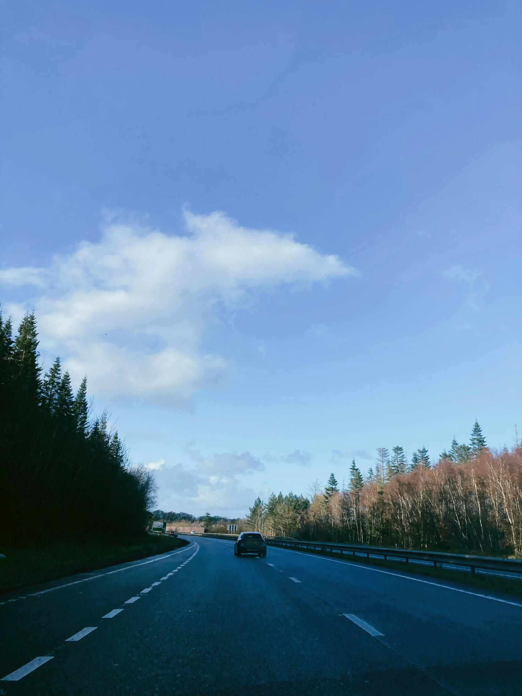 a car driving down a highway next to a forest, an album cover, by Christen Dalsgaard, unsplash, hurufiyya, blue sky without clouds, in scotland, seasons!! : 🌸 ☀ 🍂 ❄, trending on vsco