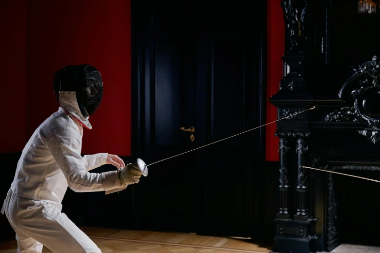 a man in a fencing stance with a sword, inspired by Wilhelm Hammershøi, pexels contest winner, interactive art, silver，ivory, indoor scene, inside a grand, youtube thumbnail