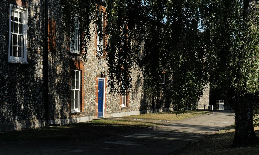 a red fire hydrant sitting on the side of a road, a picture, by David Donaldson, academic art, blue shutters on windows, james turrell building, weeping willows, outside the'school of magic '