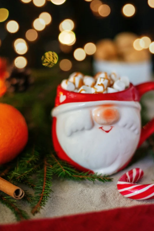 a cup of hot chocolate with marshmallows and oranges, a portrait, by Julia Pishtar, pexels, fine art, santa clause, made of glazed, closeup photograph, square