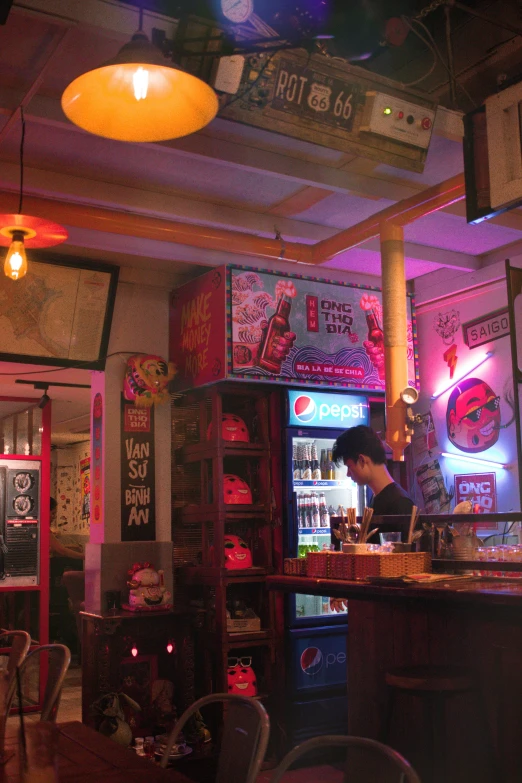 a restaurant filled with lots of tables and chairs, poster art, happening, neon!!!!!! atmosphere, cozy place, cold drinks, pink and red color scheme