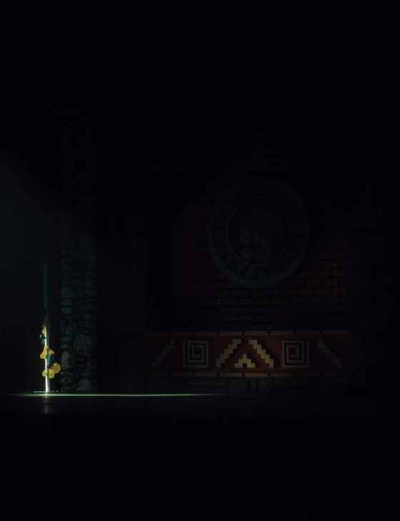 a person standing on a stage in the dark, by Alejandro Obregón, pixel art, mayan, waiting behind a wall, unblur, ( ( theatrical ) )