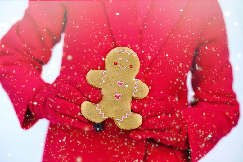 a person in a red coat holding a gingerbread, by Julia Pishtar, pexels contest winner, closeup of arms, frosty, waist - up, glitter accents on figure