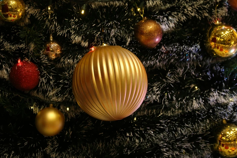 a close up of a christmas tree with ornaments, pexels, baroque, photo of a dyson sphere, golden colour, rose gold, panels