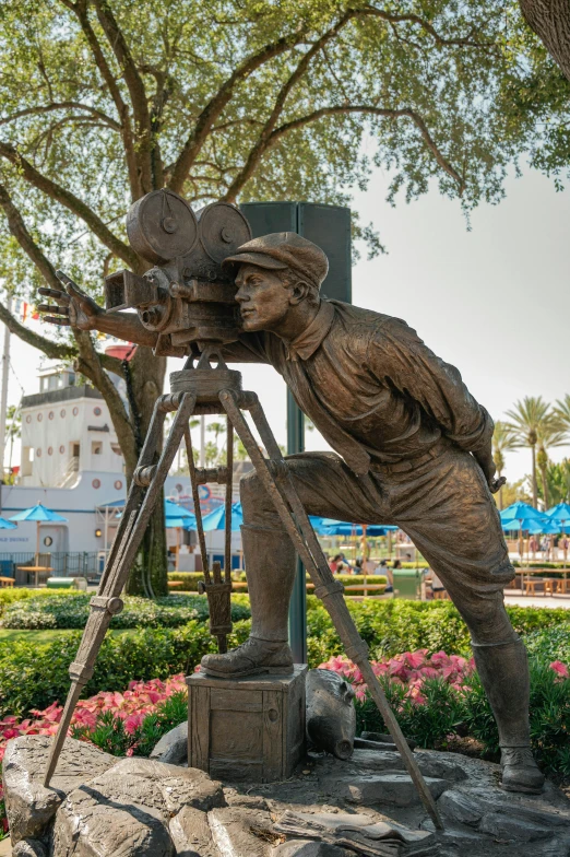 a statue of a man with a camera on a tripod, inspired by Walt Disney, florida man, mgm studios, looking left, thomas