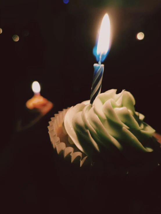 a close up of a cupcake with a lit candle, by Niko Henrichon, trending on unsplash, happening, 👰 🏇 ❌ 🍃, profile image, birthday cake, brandon woelfel