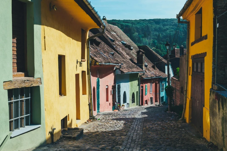 a cobblestone street lined with colorful buildings, pexels contest winner, transylvania, muted colors. ue 5, cottages, summer light