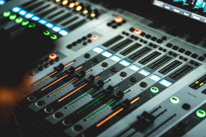 a close up of a sound board in a recording studio, trending on pexels, computer art, avatar image, hans zimmer soundtrack, 🎨🖌️, neon electronic