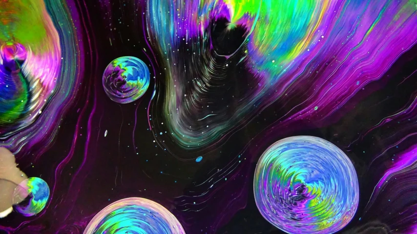 a close up of a person holding a cell phone, a digital painting, trending on pexels, space art, bubbling liquids, five planets, psychedelic black light, bubbly