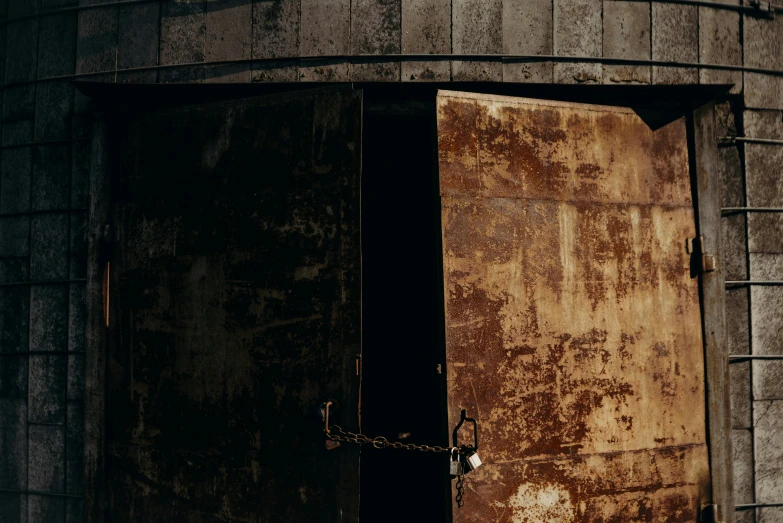 a red fire hydrant sitting in front of a rusty door, an album cover, by Elsa Bleda, pexels contest winner, brutalism, black and brown colors, background image, iron arc gate door texture, a screenshot of a rusty