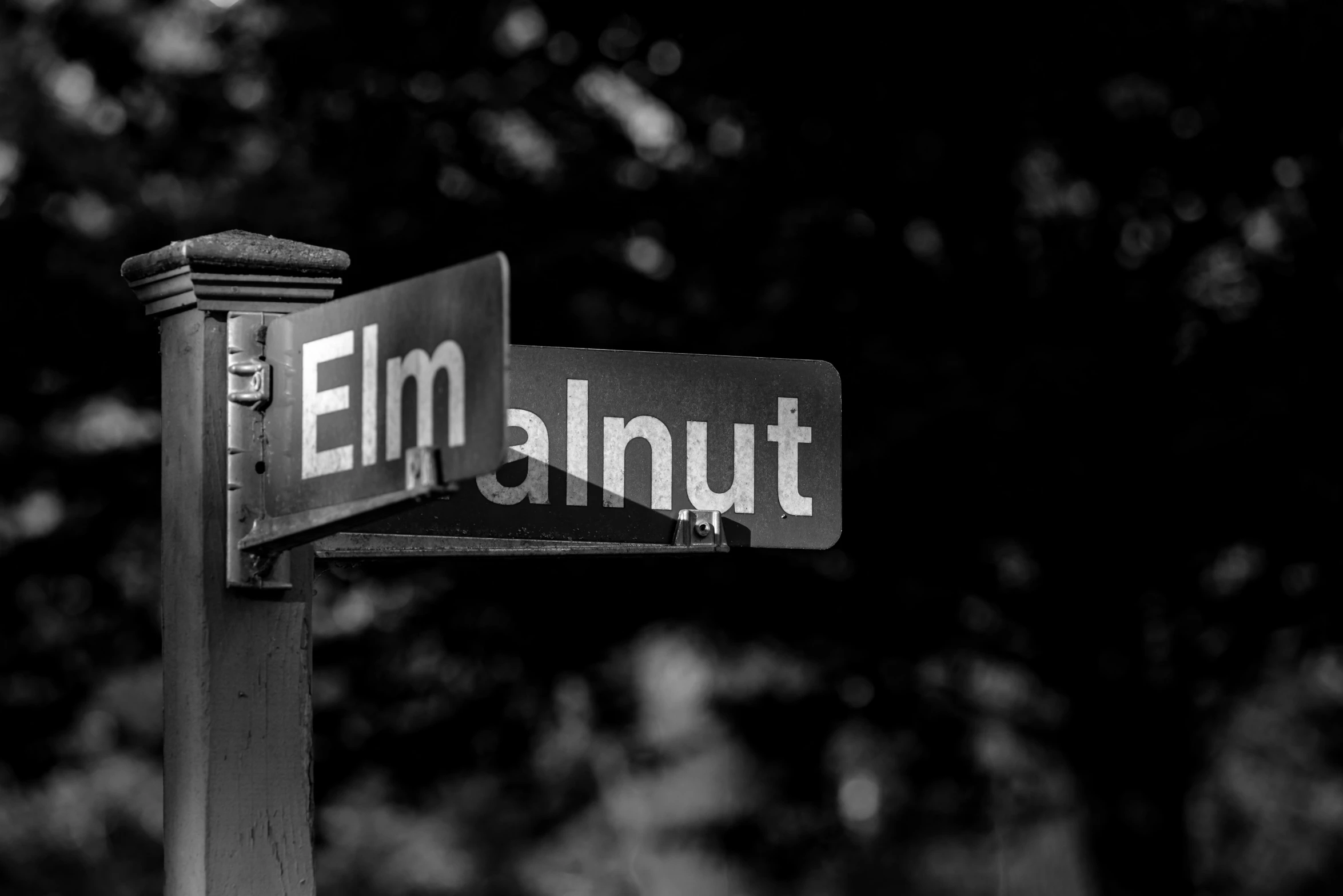 a black and white photo of a street sign, by Paul Emmert, walnut wood, elmo, by greg rutkowski, elfpunk