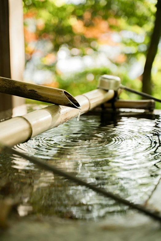 a water fountain with a bamboo stick sticking out of it, inspired by Itō Jakuchū, taps with running water, view, square, spa