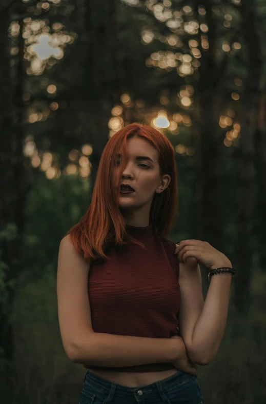 a woman standing in the middle of a forest, inspired by Elsa Bleda, pexels contest winner, renaissance, red short hair, summer evening, hair coloring, slightly minimal