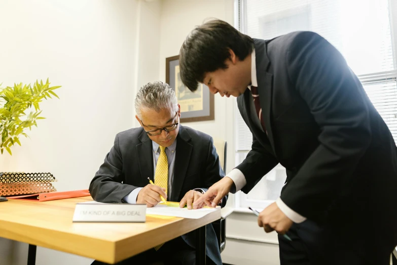 a couple of men that are sitting at a table, shin hanga, signing a bill, sitting in dean's office, jonathan zawada, professional photo