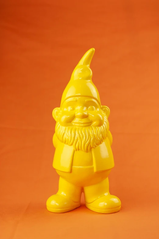 a yellow gnome figurine on an orange background, a statue, by Sven Erixson, pop art, limited colors, yellow tint, 27, resin coated