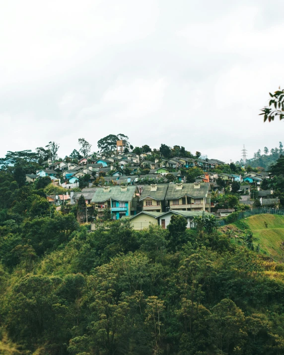 a view of a town from the top of a hill, an album cover, by Alejandro Obregón, trending on unsplash, sumatraism, indian forest, background image