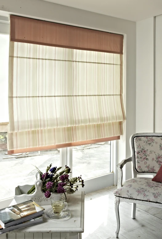 a living room filled with furniture and a large window, by Eizan Kikukawa, shutterstock, romanticism, ivory and copper, made of fabric, soft light through blinds, white and pink cloth