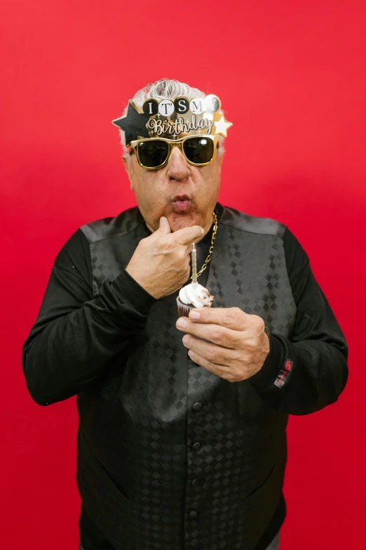 a man in a black jacket and sunglasses smoking a cigarette, an album cover, unsplash, toyism, portrait of danny devito, rapper bling jewelry, celebrating a birthday, red nose