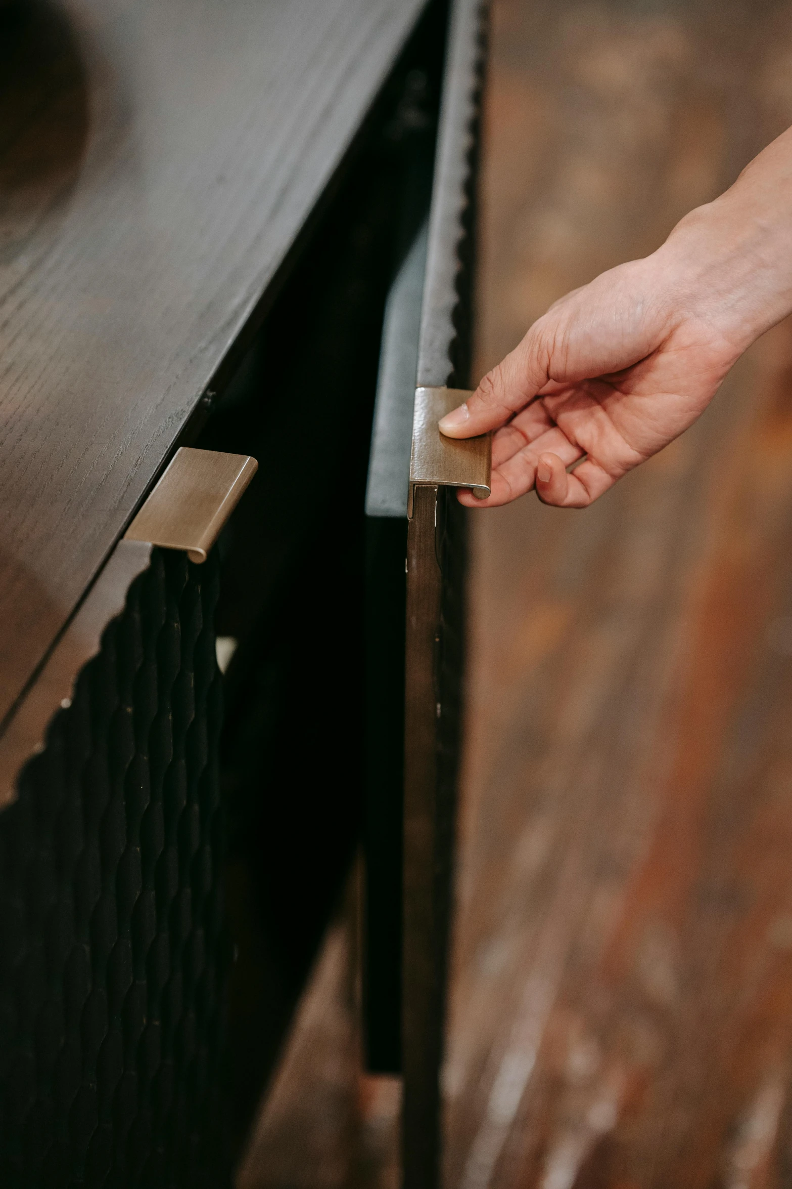 a close up of a person opening a drawer, an engraving, unsplash, happening, flat metal hinges, server in the middle, black vertical slatted timber, detailed product image