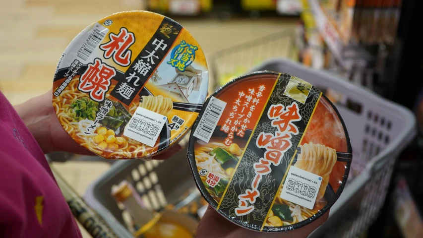 a person holding two bowls of ramen noodles, shin hanga, convenience store, 3 4 5 3 1, fan favorite, sushi