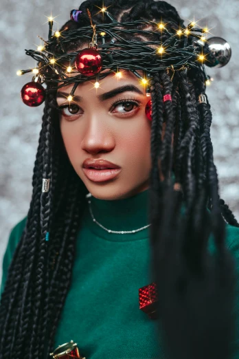 a woman with a christmas wreath on her head, by Adam Marczyński, trending on pexels, afrofuturism, long braided black hair, portrait of vanessa morgan, teen elf, casually dressed