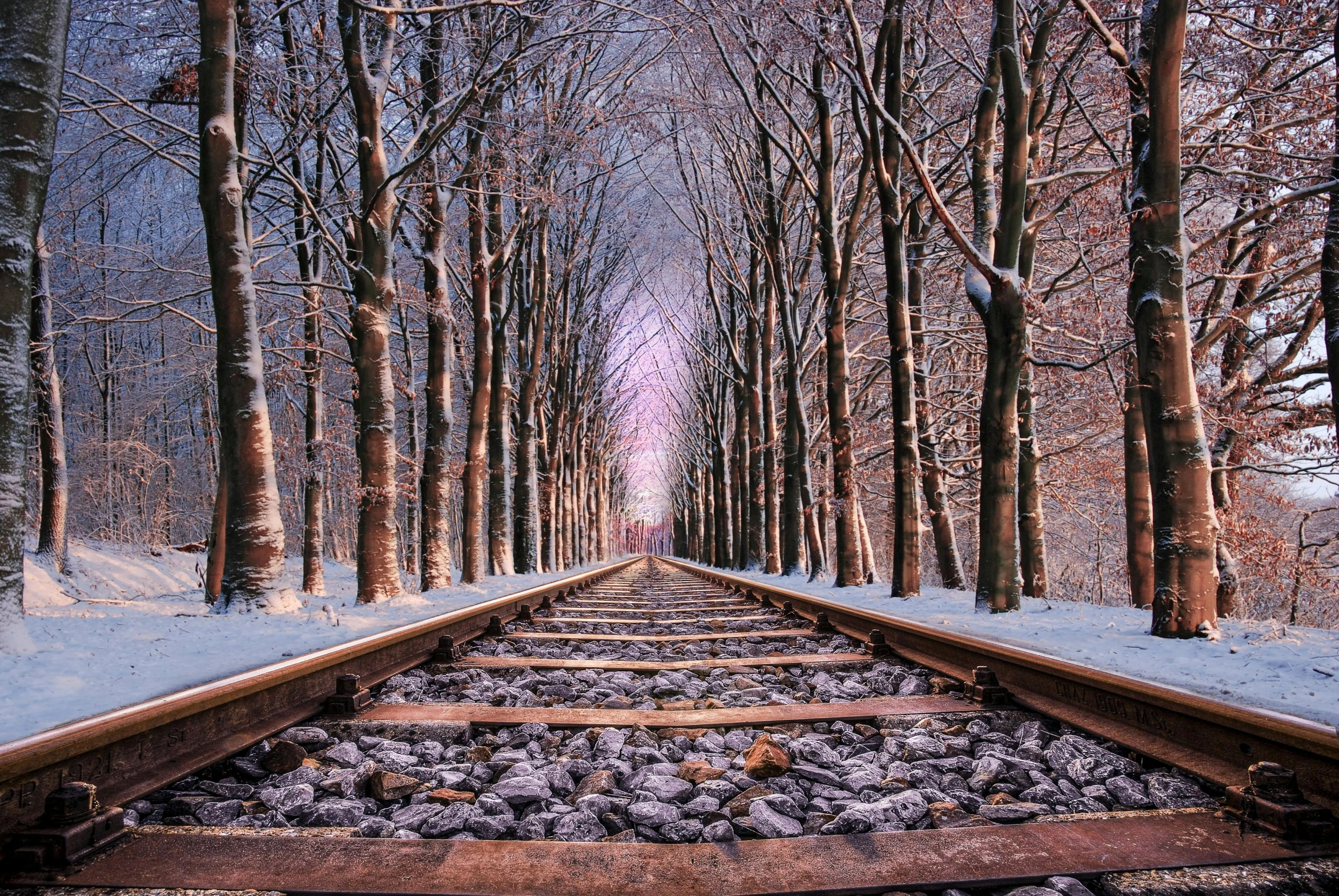 a train track in the middle of a snowy forest, pexels contest winner, hyperrealism, seasons!! : 🌸 ☀ 🍂 ❄, asher david friedrich