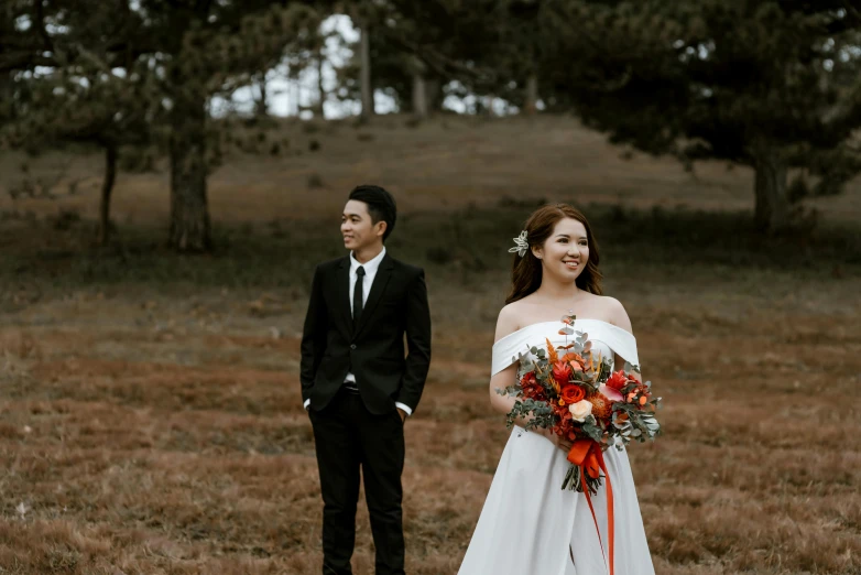 a bride and groom standing in a field, unsplash, hoang long ly, background image, realistic »