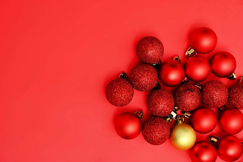 a pile of red and gold christmas balls on a red background, an album cover, by Julia Pishtar, pexels, minimalism, 15081959 21121991 01012000 4k, a high angle shot, various colors, premium quality