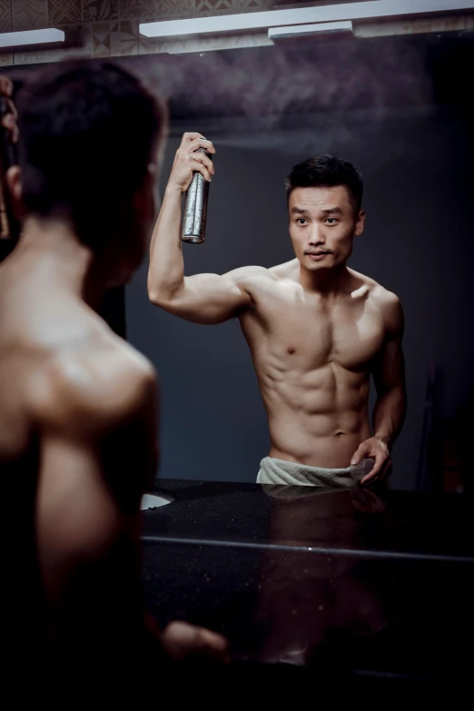 a shirtless man standing in front of a mirror, by Fei Danxu, carrying a bottle of perfume, darren quach, male calisthenics, slide show