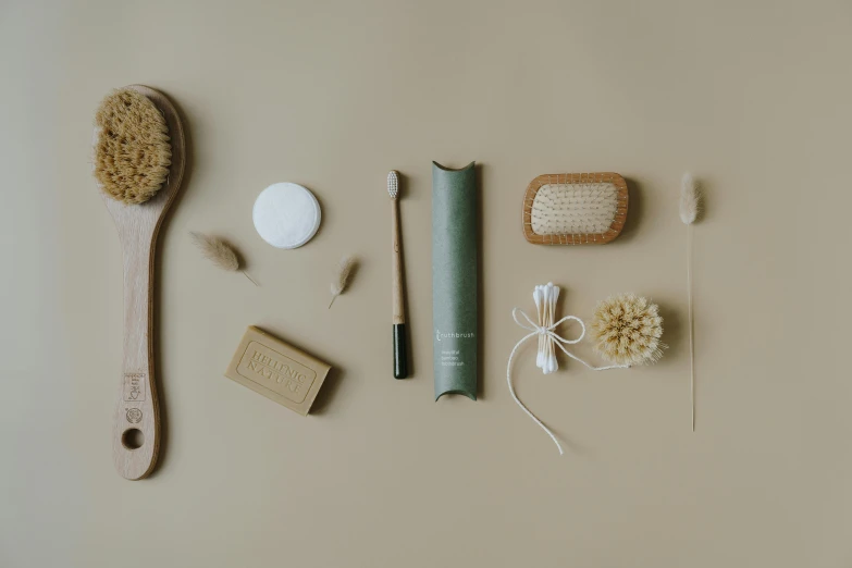 a bunch of items sitting on top of a table, natural skin tone, dry brushing, product shot, muted brown