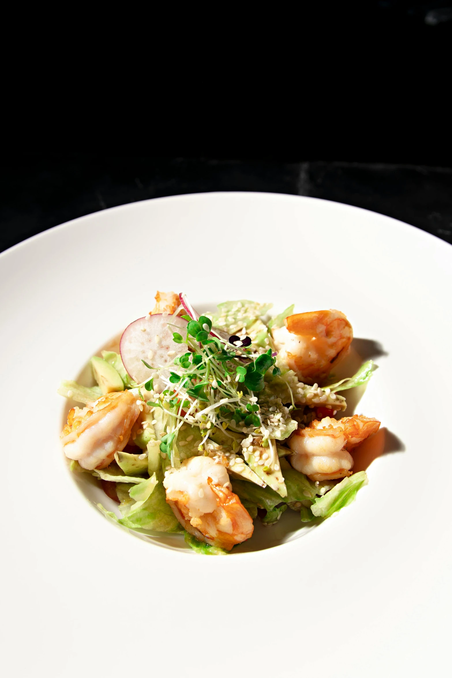 a close up of a plate of food on a table, thumbnail, bizzaro, lettuce, shrimp