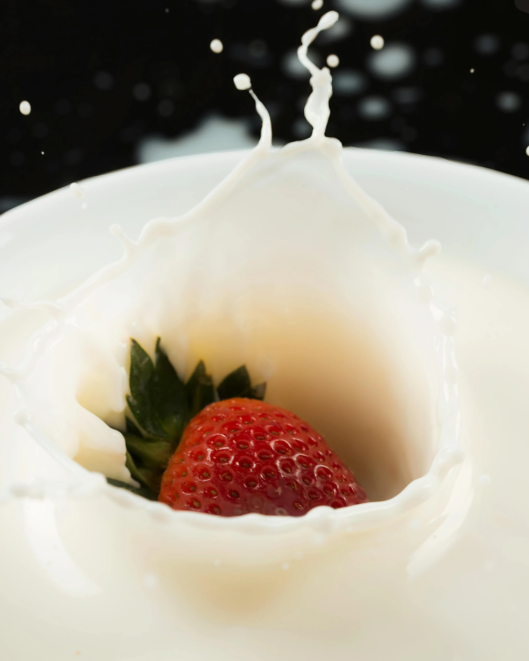 a strawberry is falling into a bowl of milk, shutterstock contest winner, renaissance, 🍸🍋, dewy skin, thumbnail, high quality photo