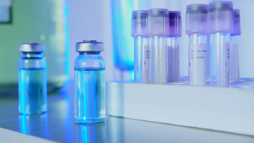 a group of vials sitting on top of a counter, blue light accents, diagnostics, thumbnail, chromatic